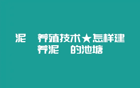 泥鳅养殖技术★怎样建养泥鳅的池塘-会东网