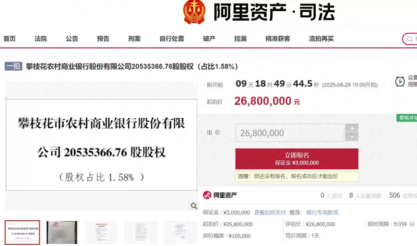 8 月 28 日开拍!攀枝花农商银行 2053.54 万股股权将拍卖,起拍价 2680 万元-会东网